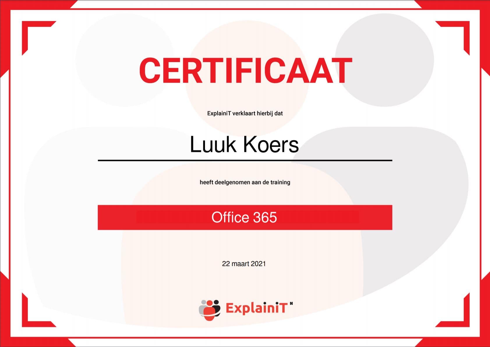 Certificaat Office 365 training - Arcade Bouwkwaliteit